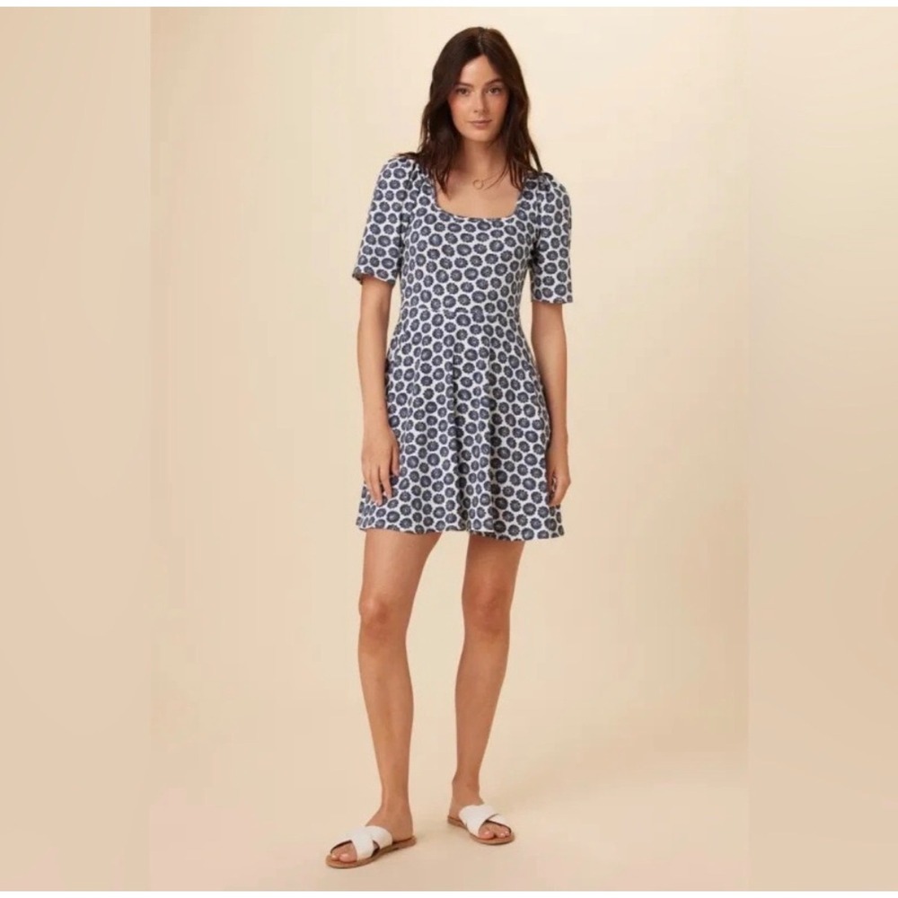 Amour Vert Tamara Dress Calico Navy Floral Fit Flare Organic Cotton Mini Dress S